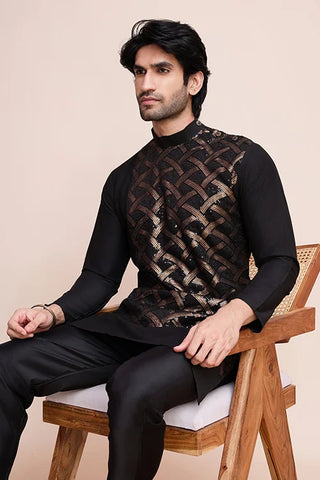 Black Silk Embroidered Work Designer Men's Wear Kurta