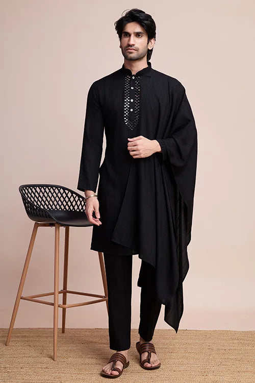 Black Designer Kurta Set with Mirror Work for Men