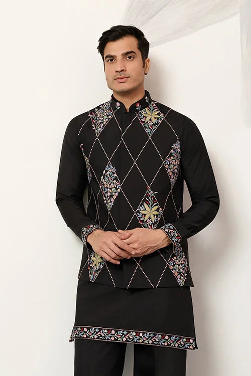 Premium Wedding Black Koti Kurta Pajama for Mens Wear