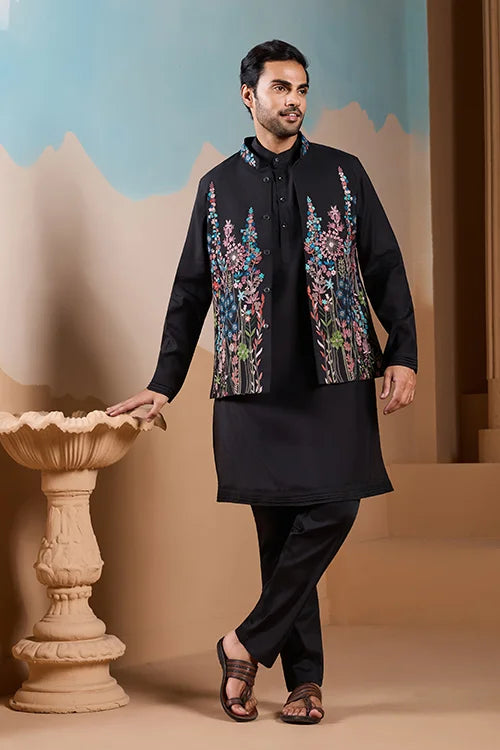Magic Black Wedding Look Koti Kurta Set for Mens Wear