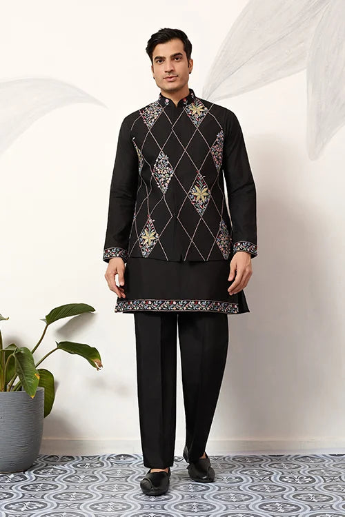 Premium Wedding Black Koti Kurta Pajama for Mens Wear