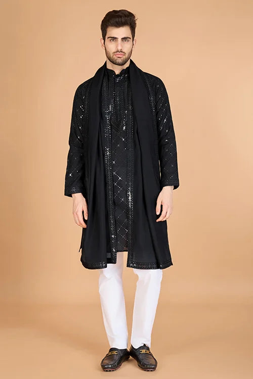 Black Color Kurta with Dupatta for Mens Wear