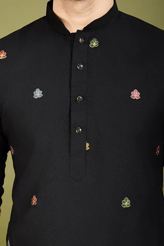 Black Color Cotton Embroidered Work Kurta for Men