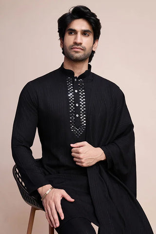 Black Designer Kurta Set with Mirror Work for Men