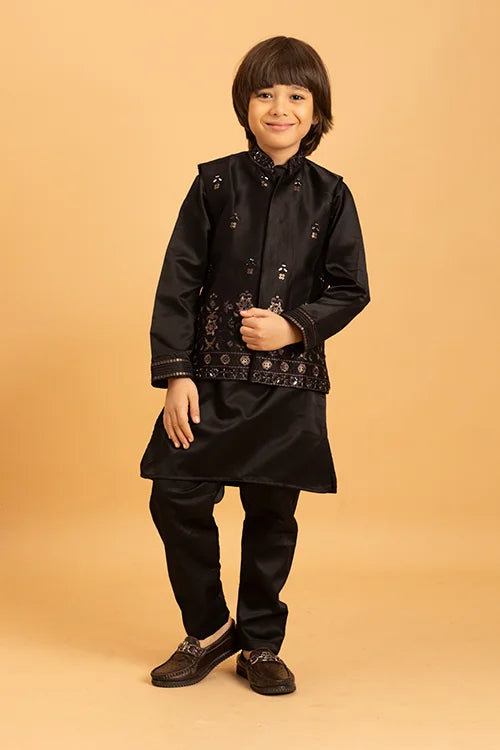 Traditional Black Mirror Work Koti Kurta Set for Boys