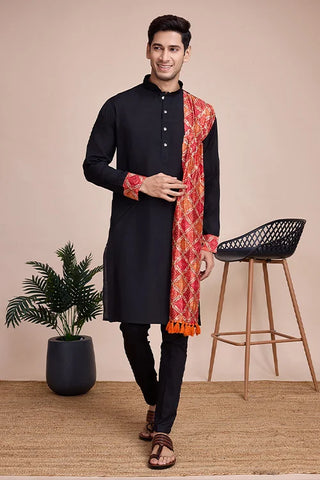 Black Print With Sequins Work Designer Men's Kurta