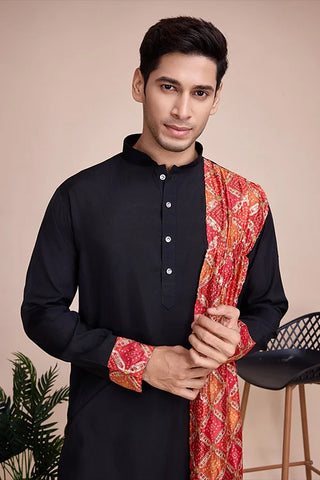 Black Print With Sequins Work Designer Men's Kurta