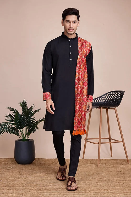 Black Print With Sequins Work Designer Men's Kurta