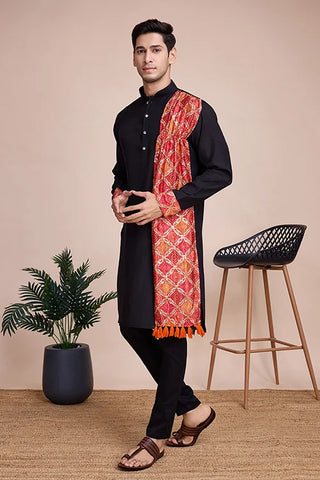 Black Print With Sequins Work Designer Men's Kurta