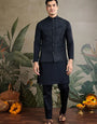 Black Roman Silk Kurta with Jacquard Koti Jacket