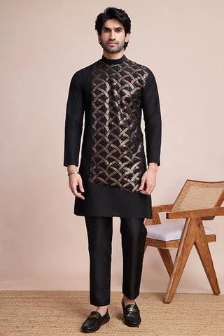 Black Silk Embroidered Work Designer Men's Wear Kurta