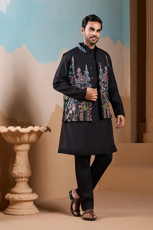 Magic Black Wedding Look Koti Kurta Set for Mens Wear