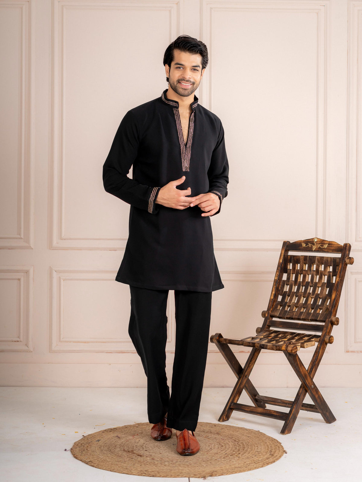 Black Armani Beads & Thread Kurta Set | Tulip Designer
