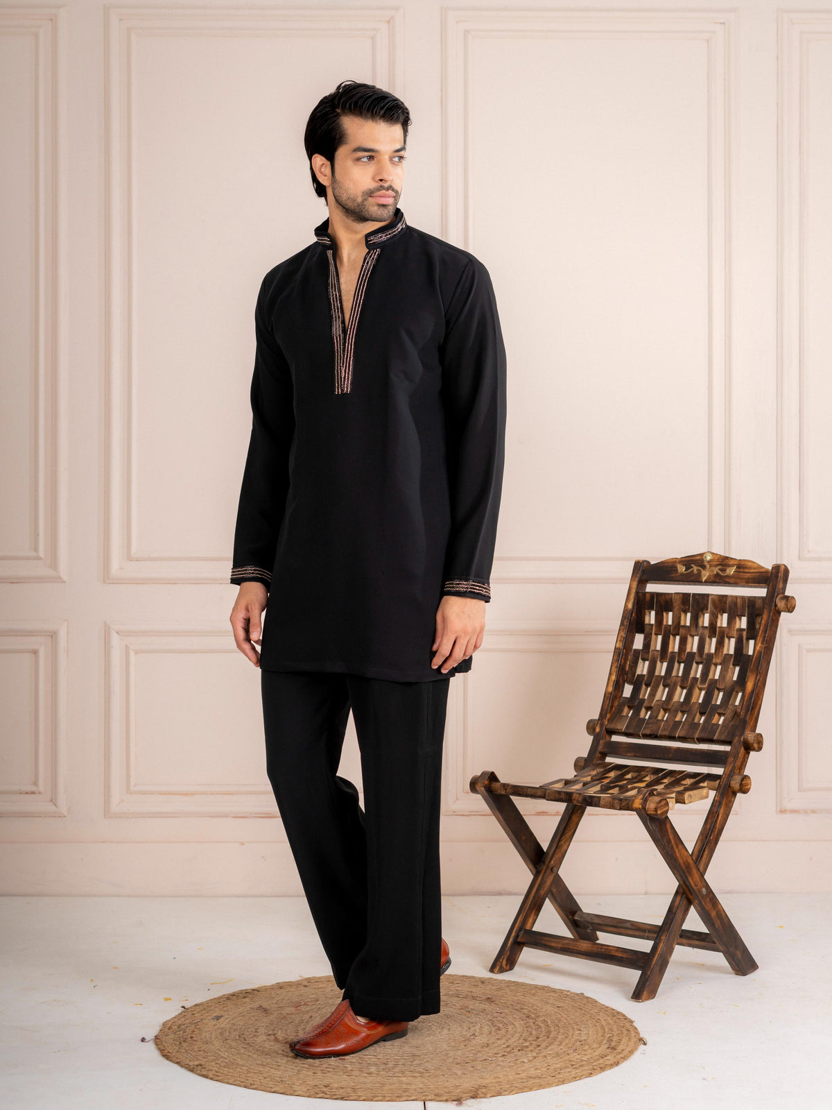 Black Armani Beads & Thread Kurta Set | Tulip Designer
