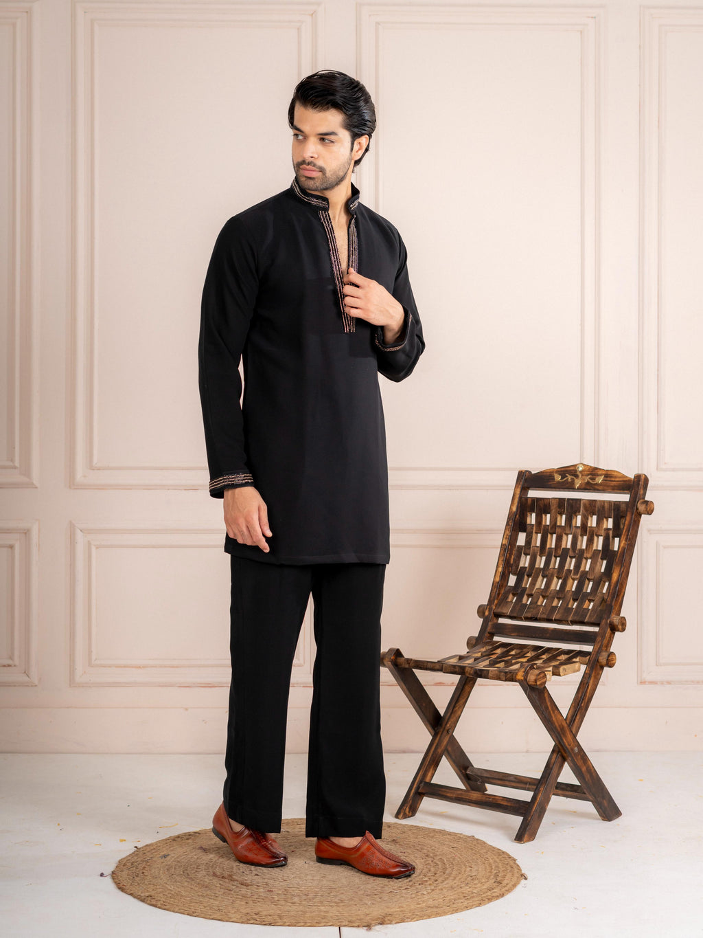 Black Armani Beads & Thread Kurta Set | Tulip Designer

