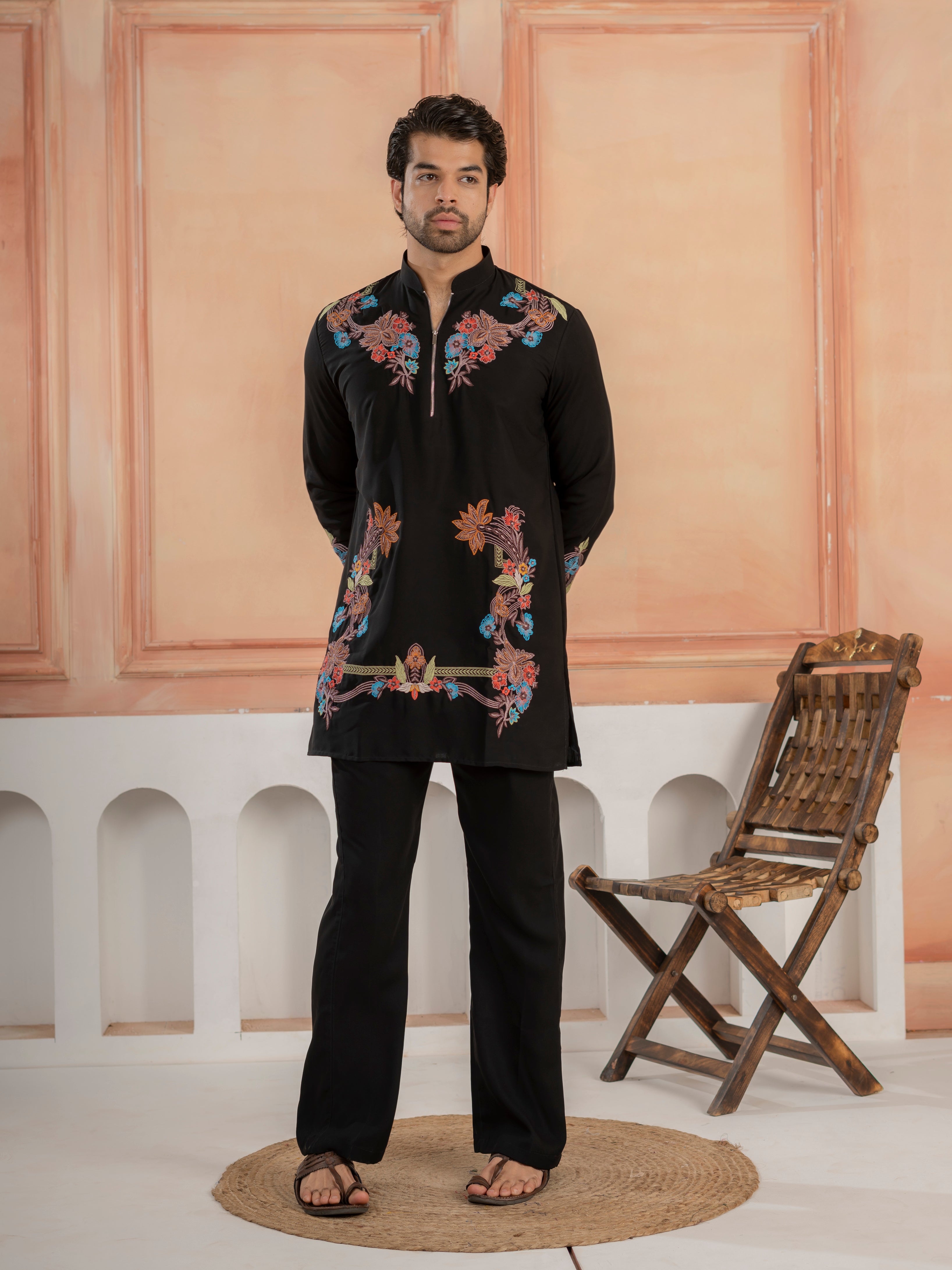 Black Armani Lachka Multicolor Embroidery Kurta & Bell Bottom Pant
