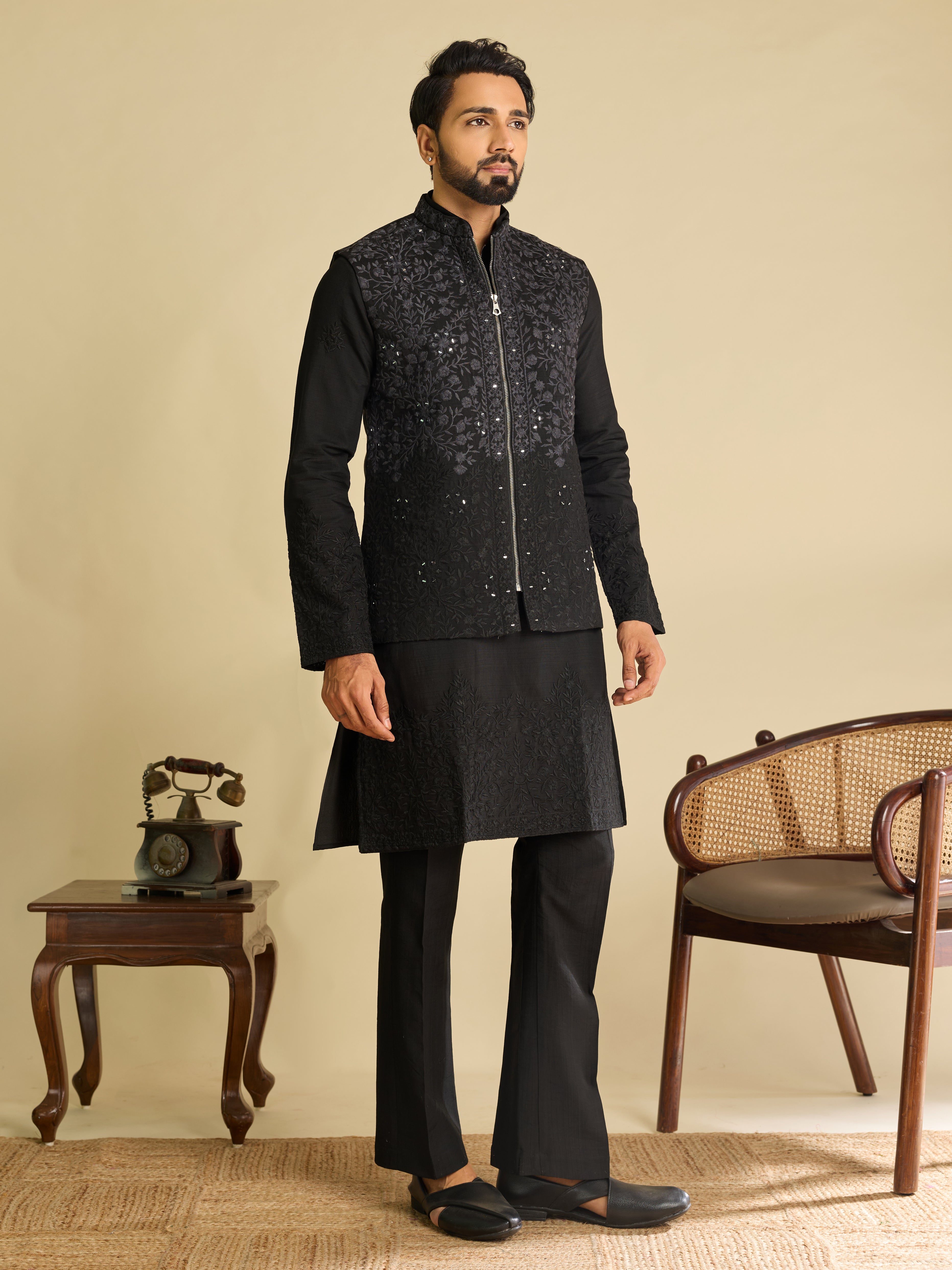 Trendy Black Pure Art Silk Kurta Jacket Set with Real Mirror Embroidery
