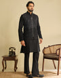 Trendy Black Pure Art Silk Kurta Jacket Set with Real Mirror Embroidery