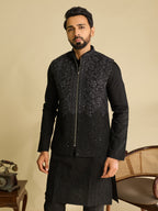 Trendy Black Pure Art Silk Kurta Jacket Set with Real Mirror Embroidery
