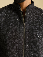 Trendy Black Pure Art Silk Kurta Jacket Set with Real Mirror Embroidery
