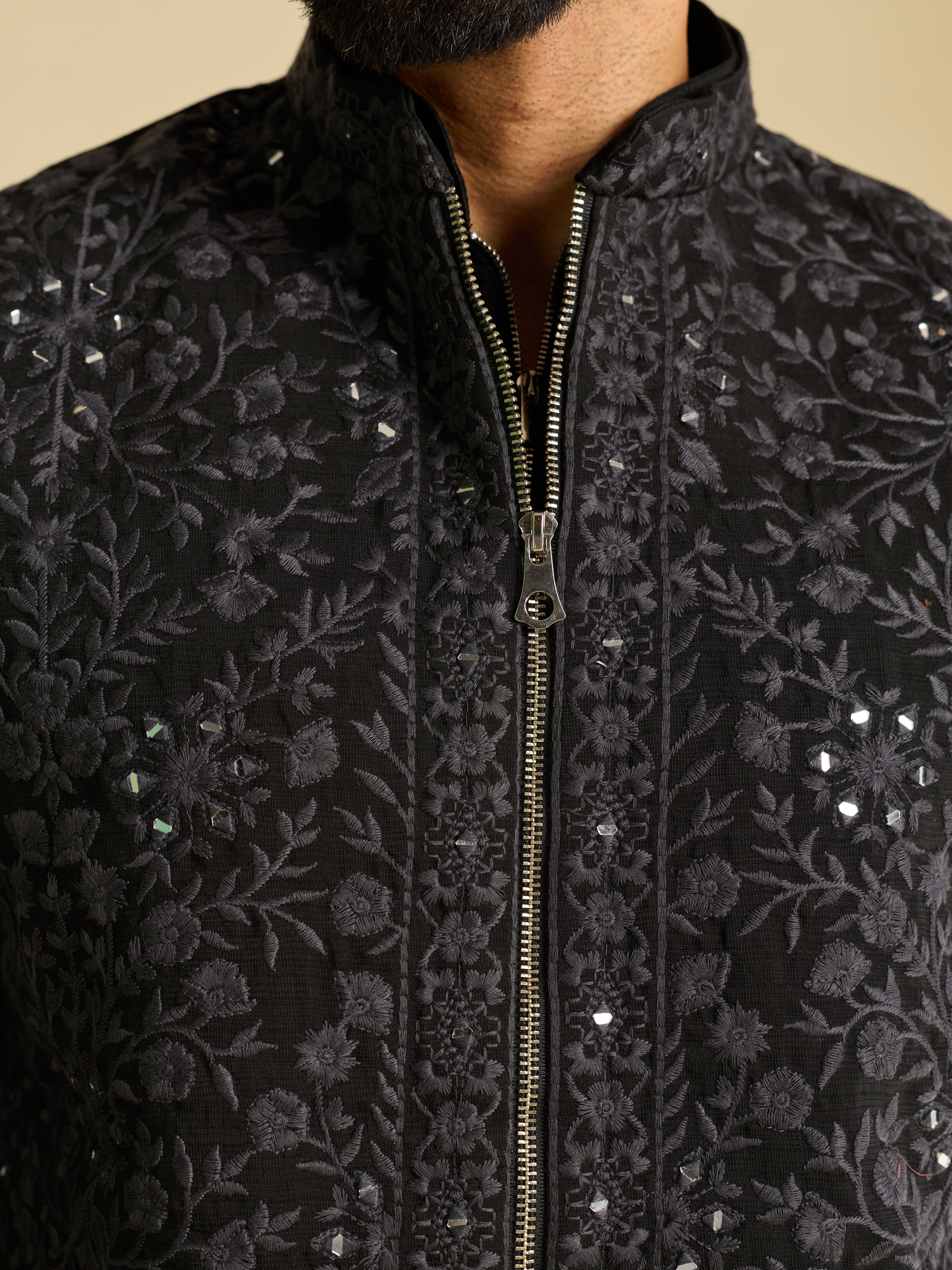 Trendy Black Pure Art Silk Kurta Jacket Set with Real Mirror Embroidery
