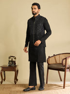 Trendy Black Pure Art Silk Kurta Jacket Set with Real Mirror Embroidery
