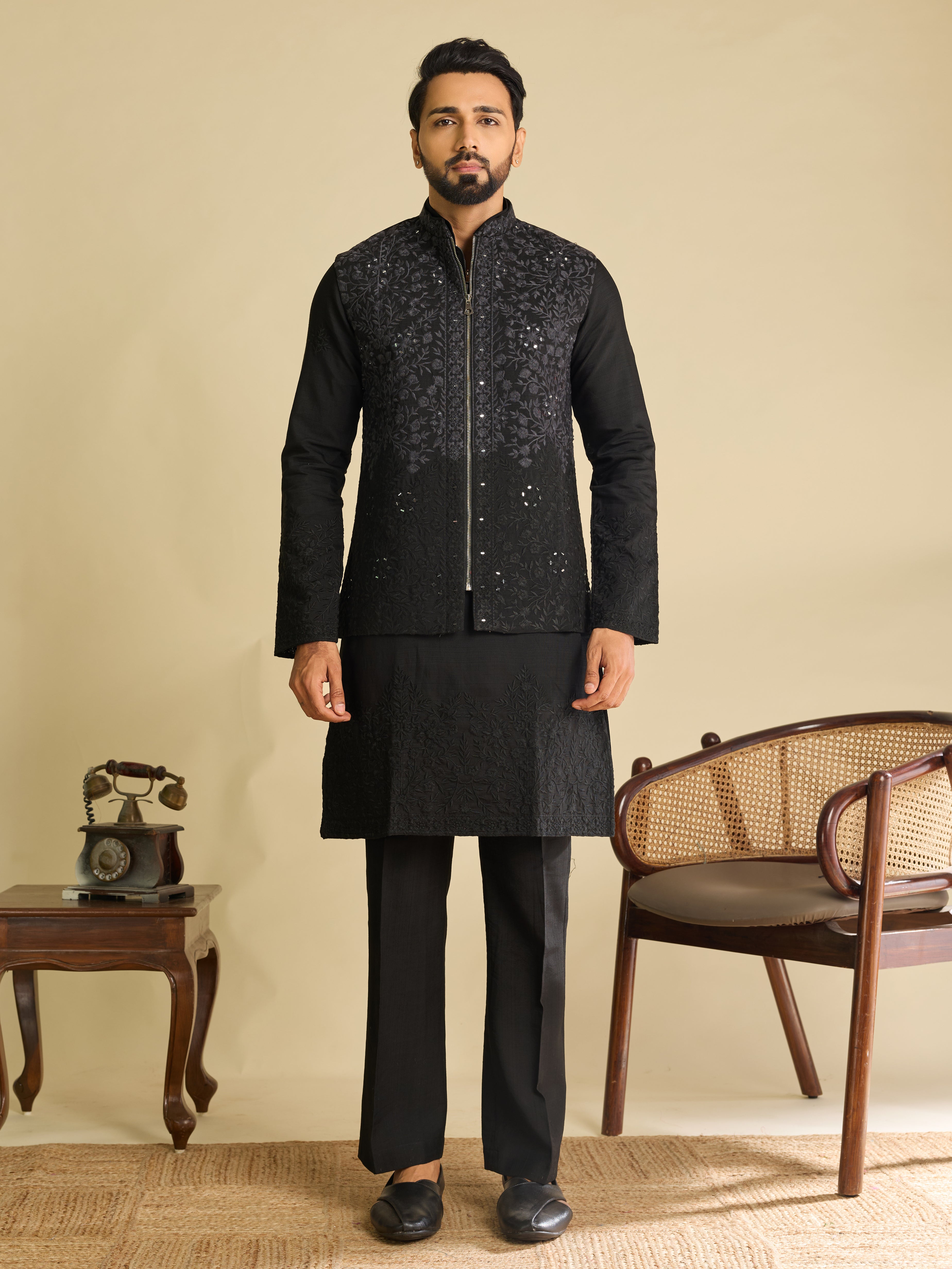 Trendy Black Pure Art Silk Kurta Jacket Set with Real Mirror Embroidery
