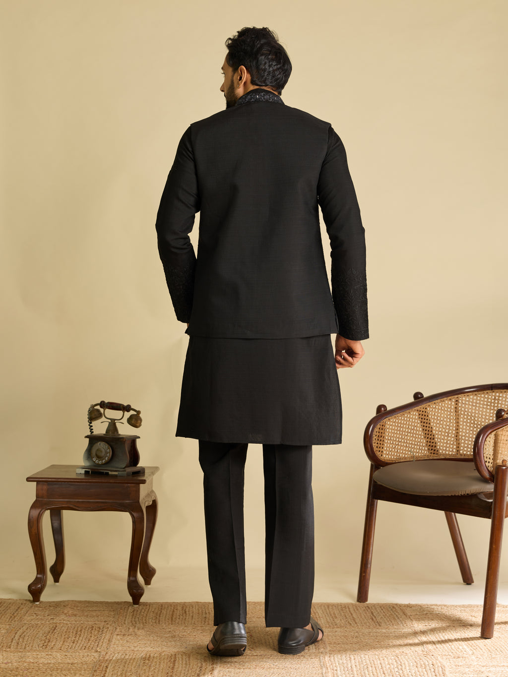 Trendy Black Pure Art Silk Kurta Jacket Set with Real Mirror Embroidery
