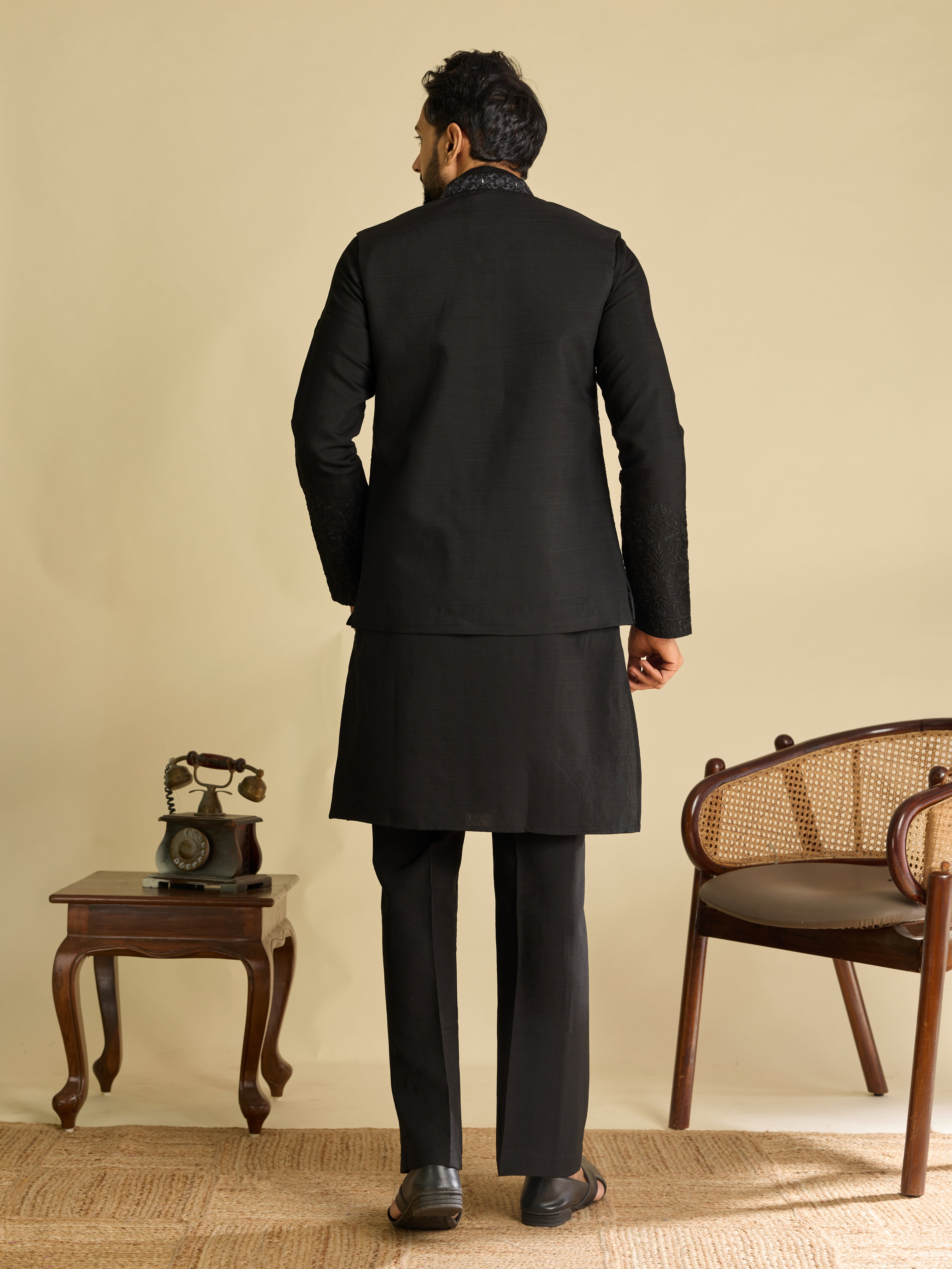 Trendy Black Pure Art Silk Kurta Jacket Set with Real Mirror Embroidery
