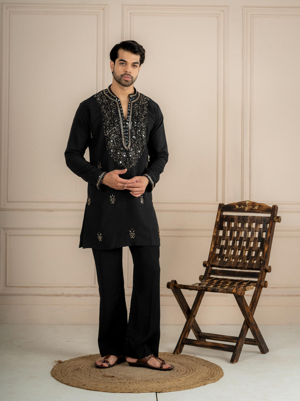 Black Lachka Beads Mirror Kurta Set | Tulip Designer
