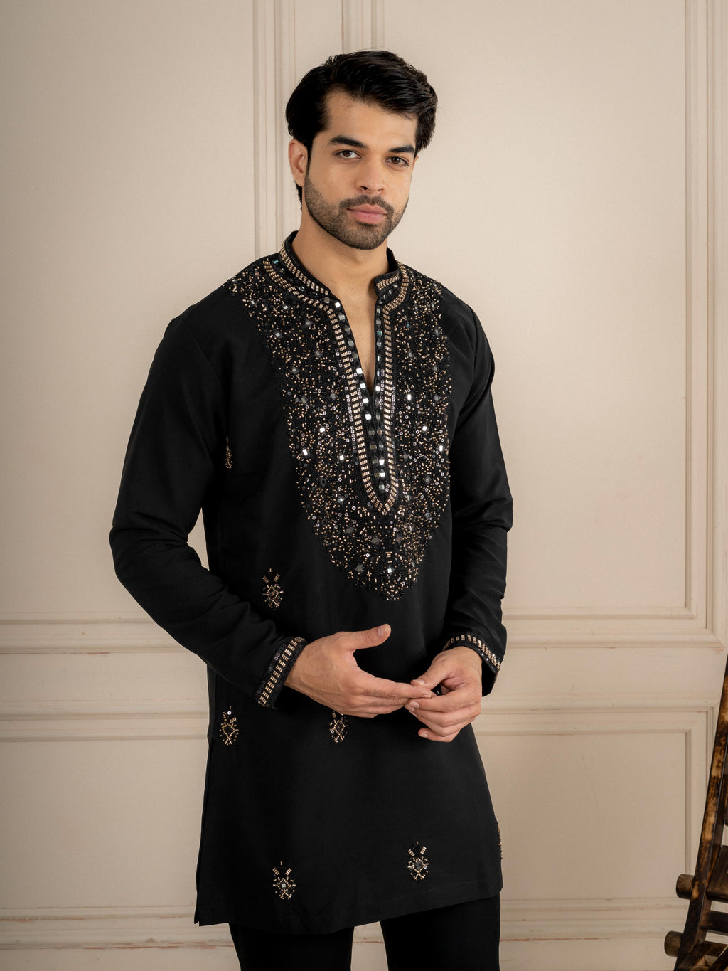 Black Lachka Beads Mirror Kurta Set | Tulip Designer
