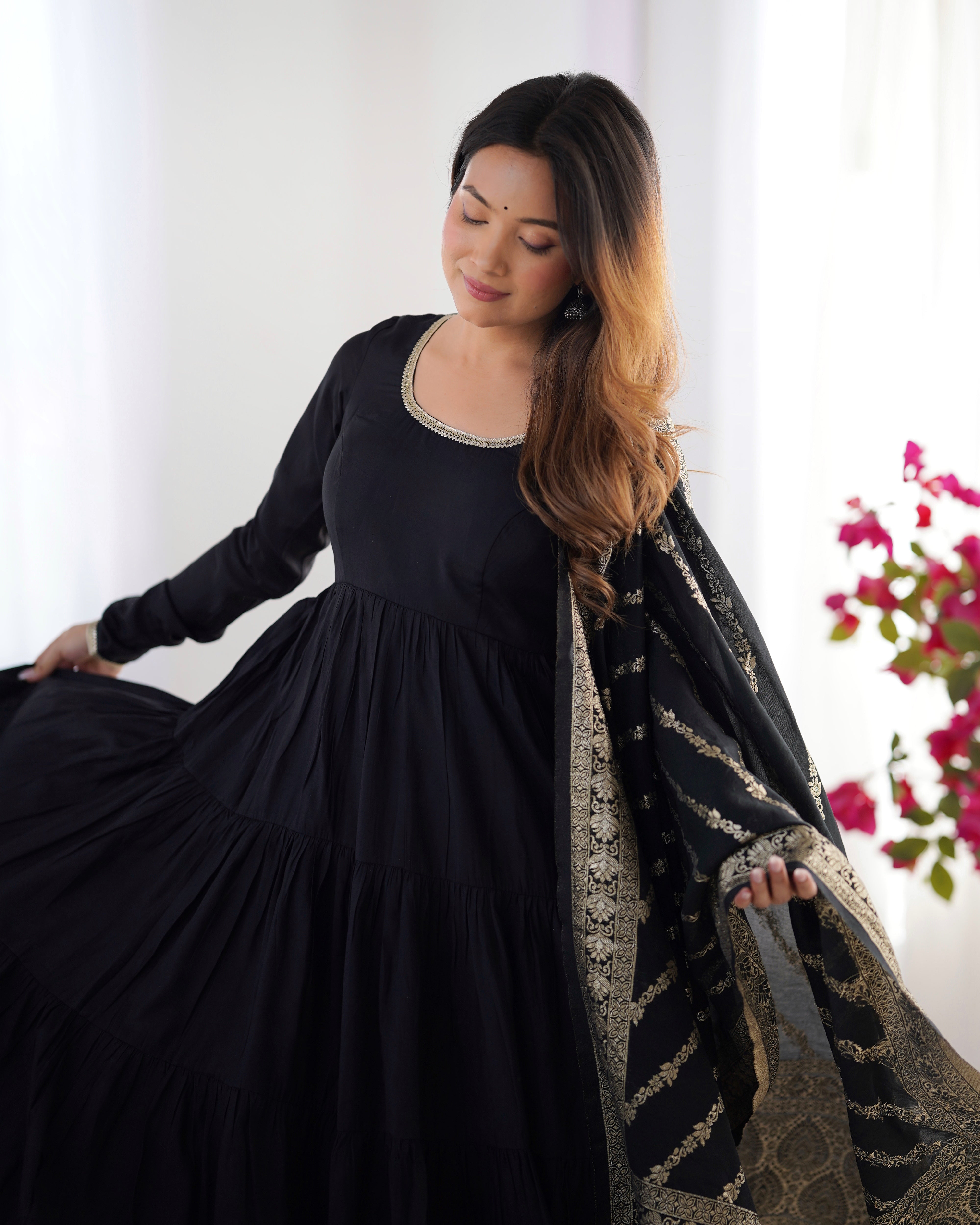 Pure Roman Silk Chanderi Fabric Fully Flared Anarkali Suit With Pent and Dupatta Set - Black
