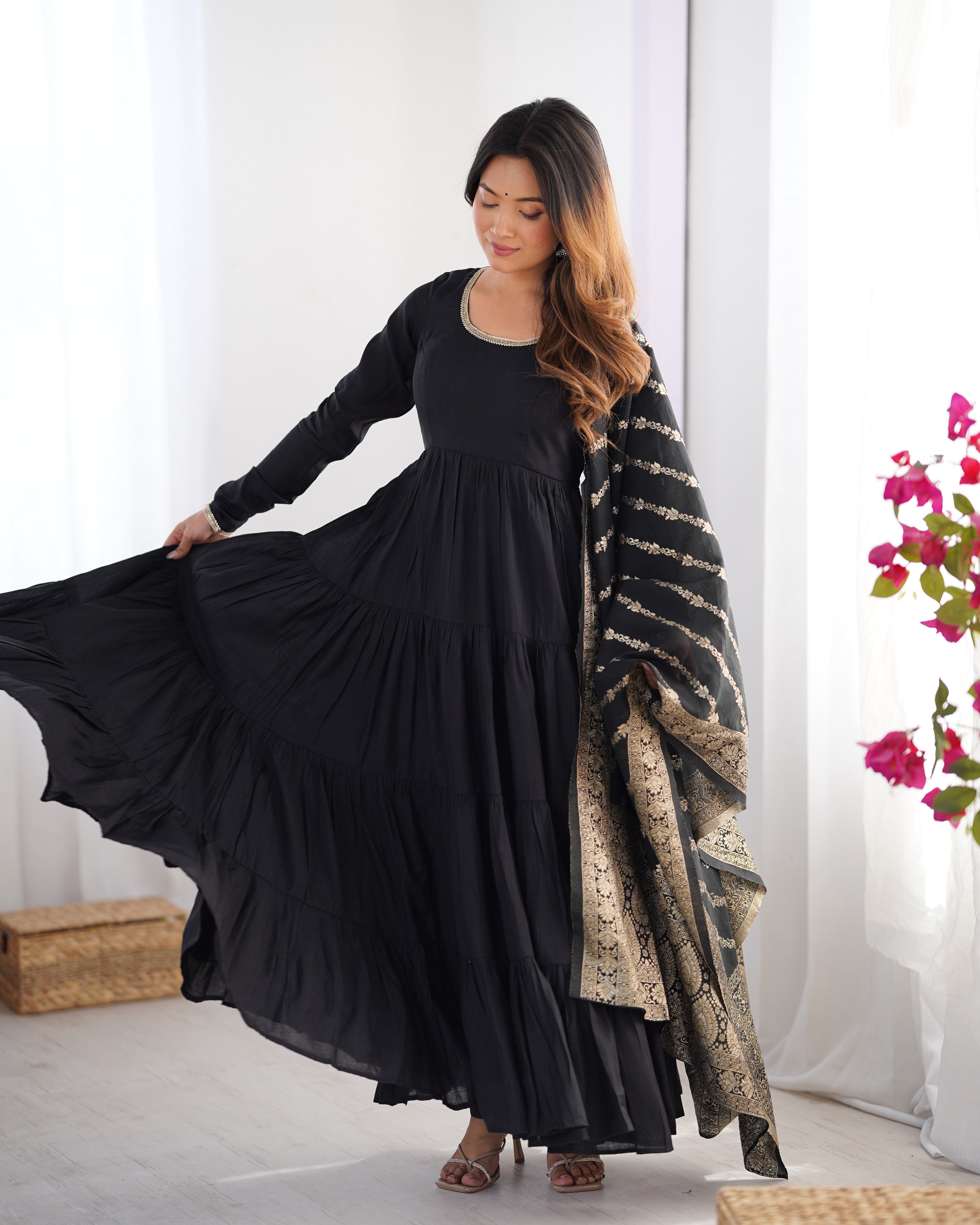 Pure Roman Silk Chanderi Fabric Fully Flared Anarkali Suit With Pent and Dupatta Set - Black
