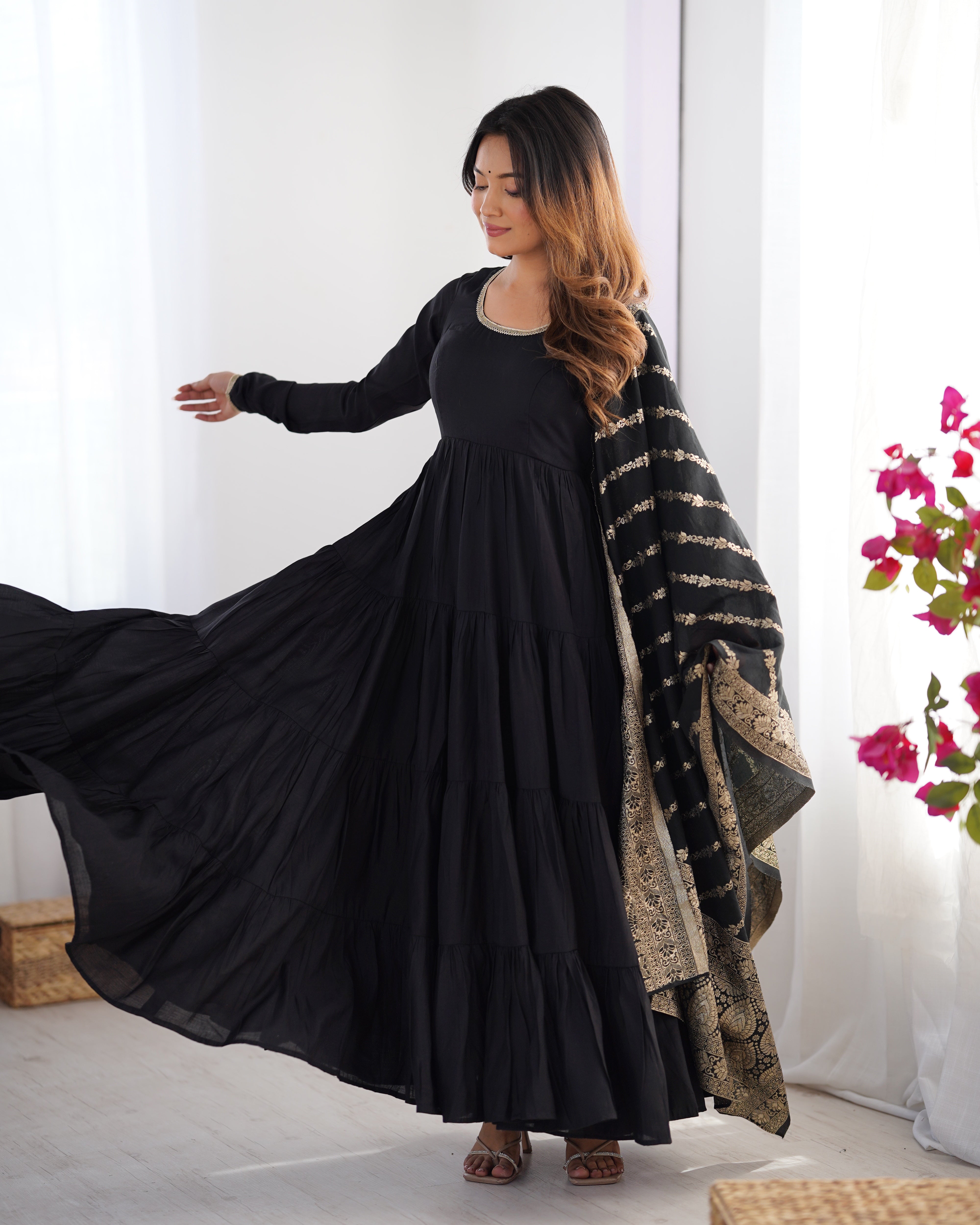 Pure Roman Silk Chanderi Fabric Fully Flared Anarkali Suit With Pent and Dupatta Set - Black
