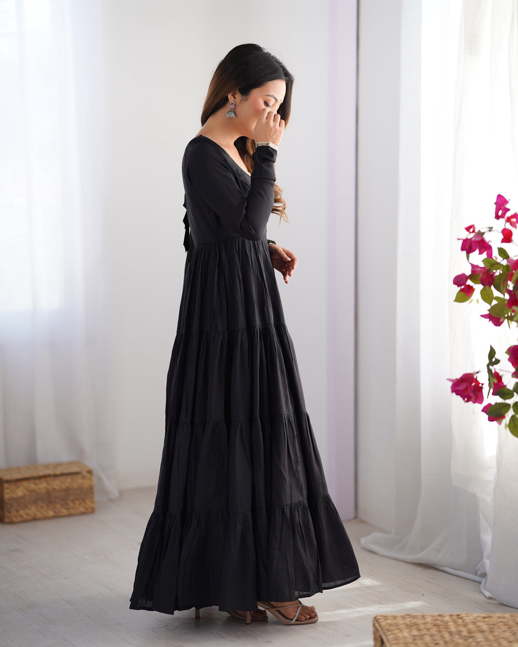 Pure Roman Silk Chanderi Fabric Fully Flared Anarkali Suit With Pent and Dupatta Set - Black
