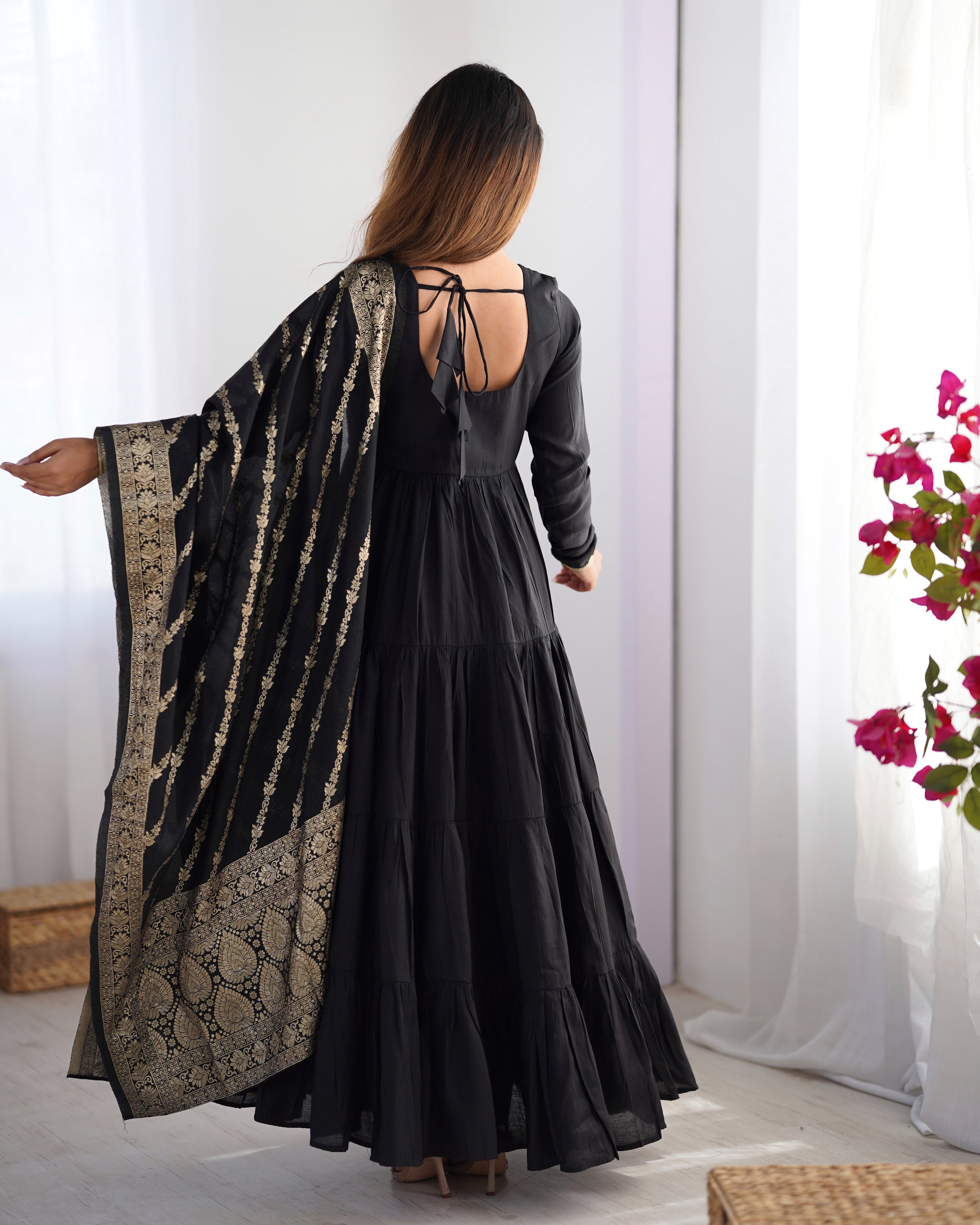 Pure Roman Silk Chanderi Fabric Fully Flared Anarkali Suit With Pent and Dupatta Set - Black
