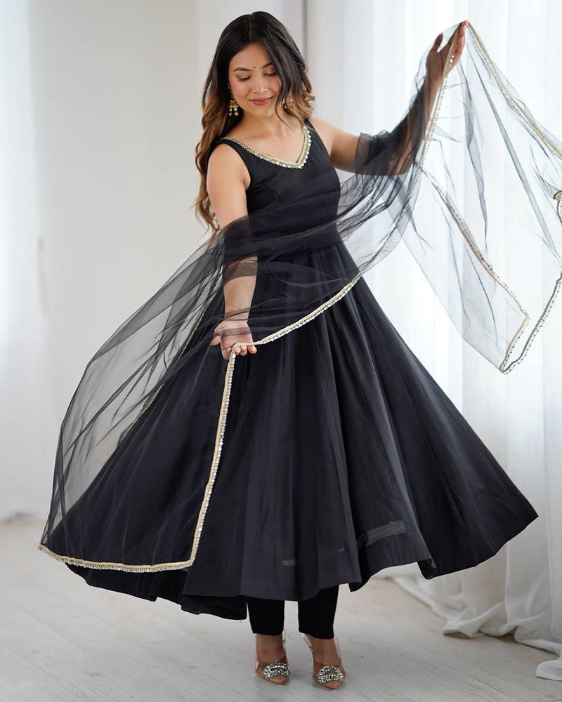 Black Color Chanderi Pure Roman Silk Anarkali Suit