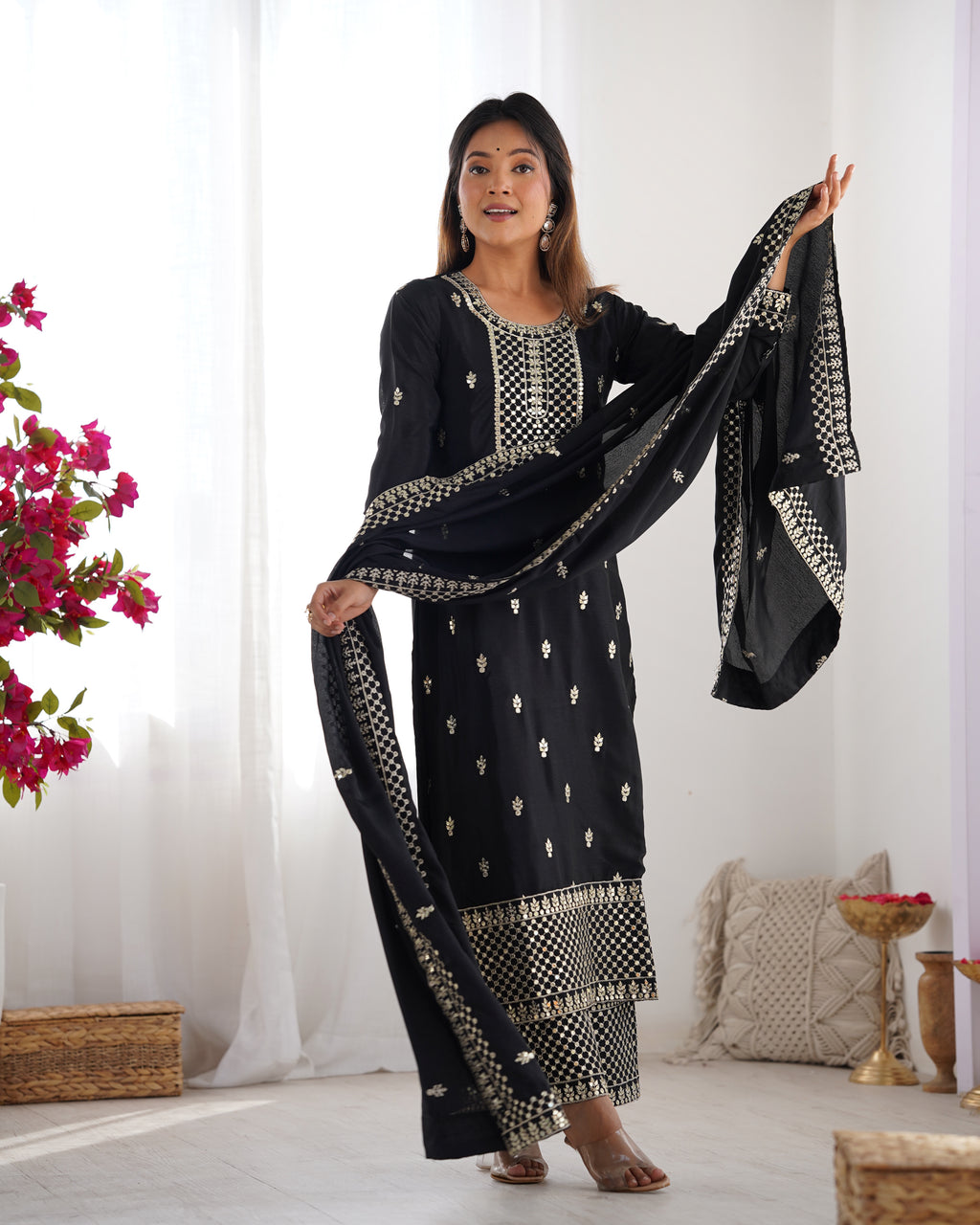 Beautiful Pure Chinon Silk Fabric Straight Fit Kurta, Dupatta With Trouser Set - BLACK

