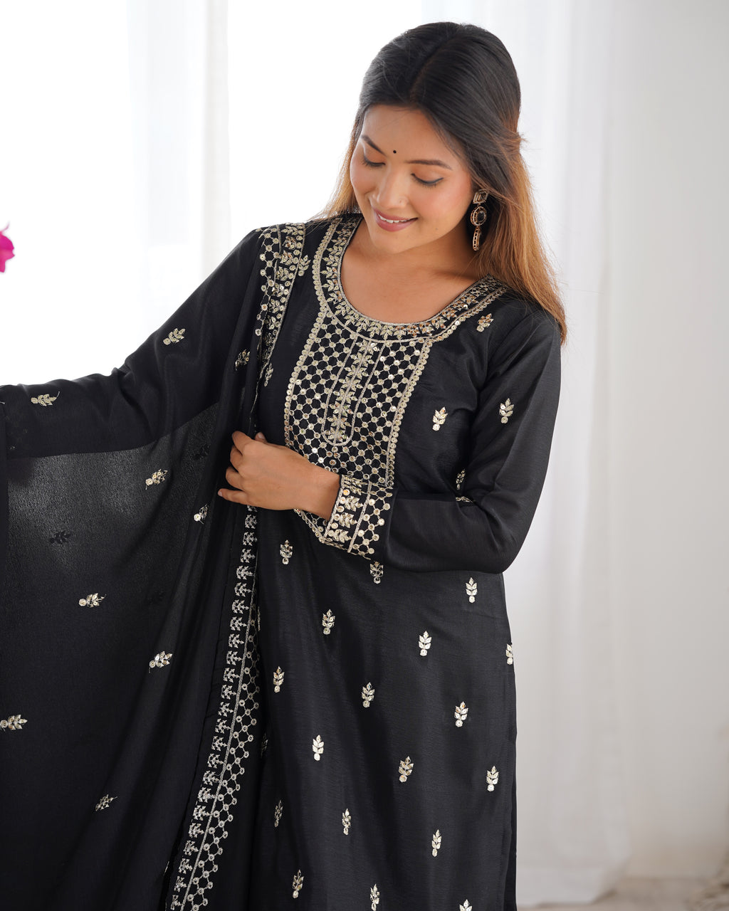 Beautiful Pure Chinon Silk Fabric Straight Fit Kurta, Dupatta With Trouser Set - BLACK

