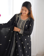 Beautiful Pure Chinon Silk Fabric Straight Fit Kurta, Dupatta With Trouser Set - BLACK
