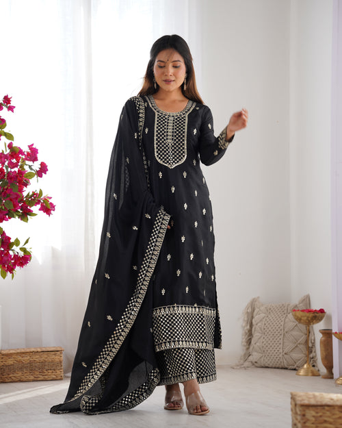 Beautiful Pure Chinon Silk Fabric Straight Fit Kurta, Dupatta With Trouser Set - BLACK
