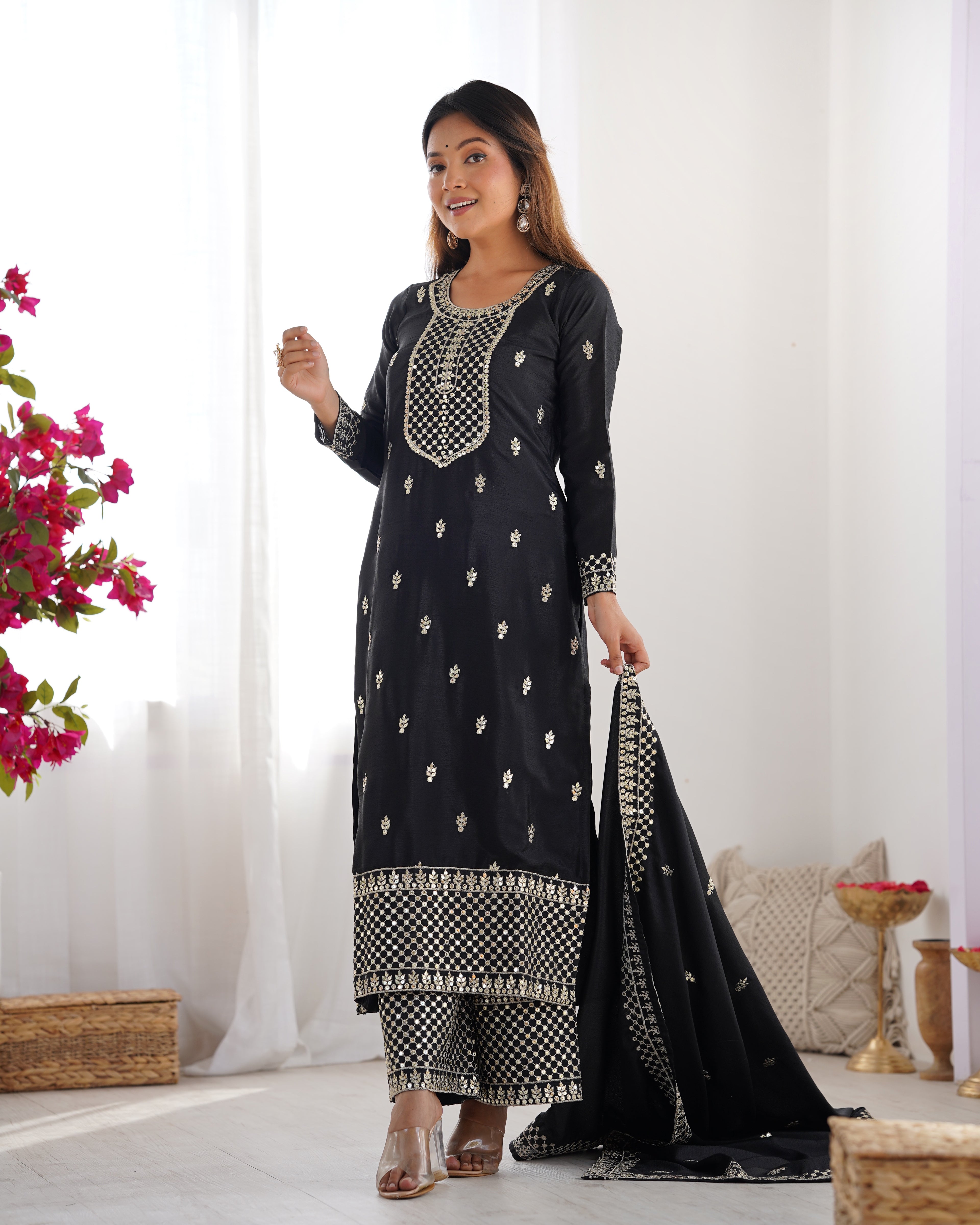 Beautiful Pure Chinon Silk Fabric Straight Fit Kurta, Dupatta With Trouser Set - BLACK
