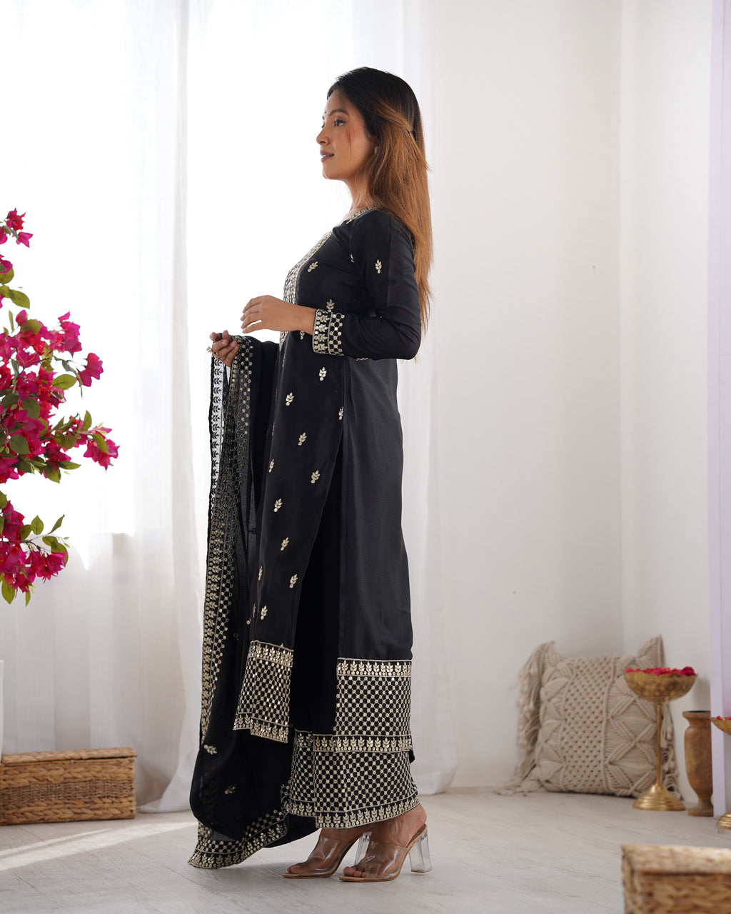 Beautiful Pure Chinon Silk Fabric Straight Fit Kurta, Dupatta With Trouser Set - BLACK
