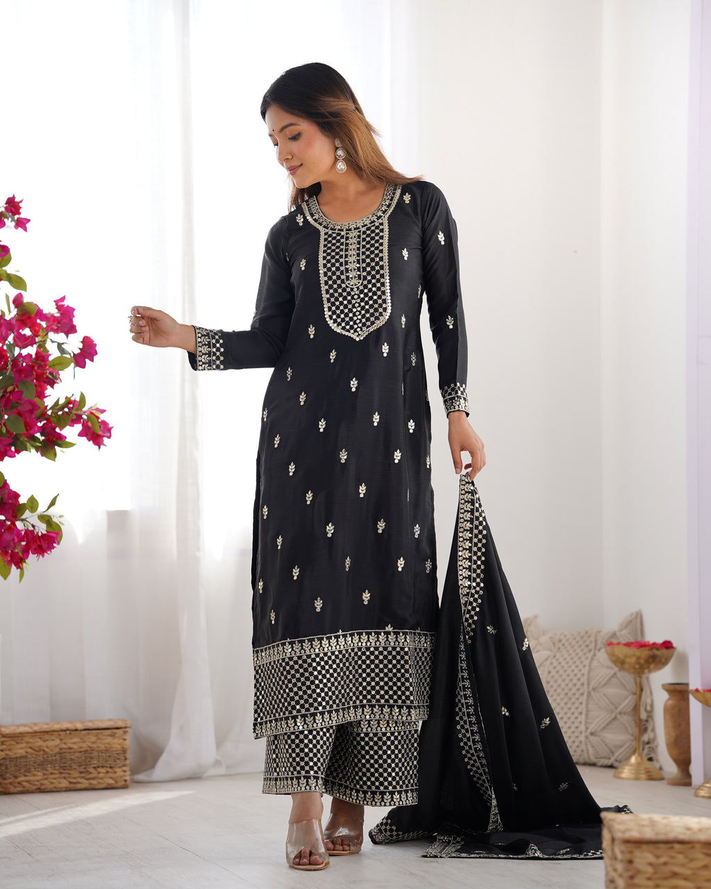 Beautiful Pure Chinon Silk Fabric Straight Fit Kurta, Dupatta With Trouser Set - BLACK
