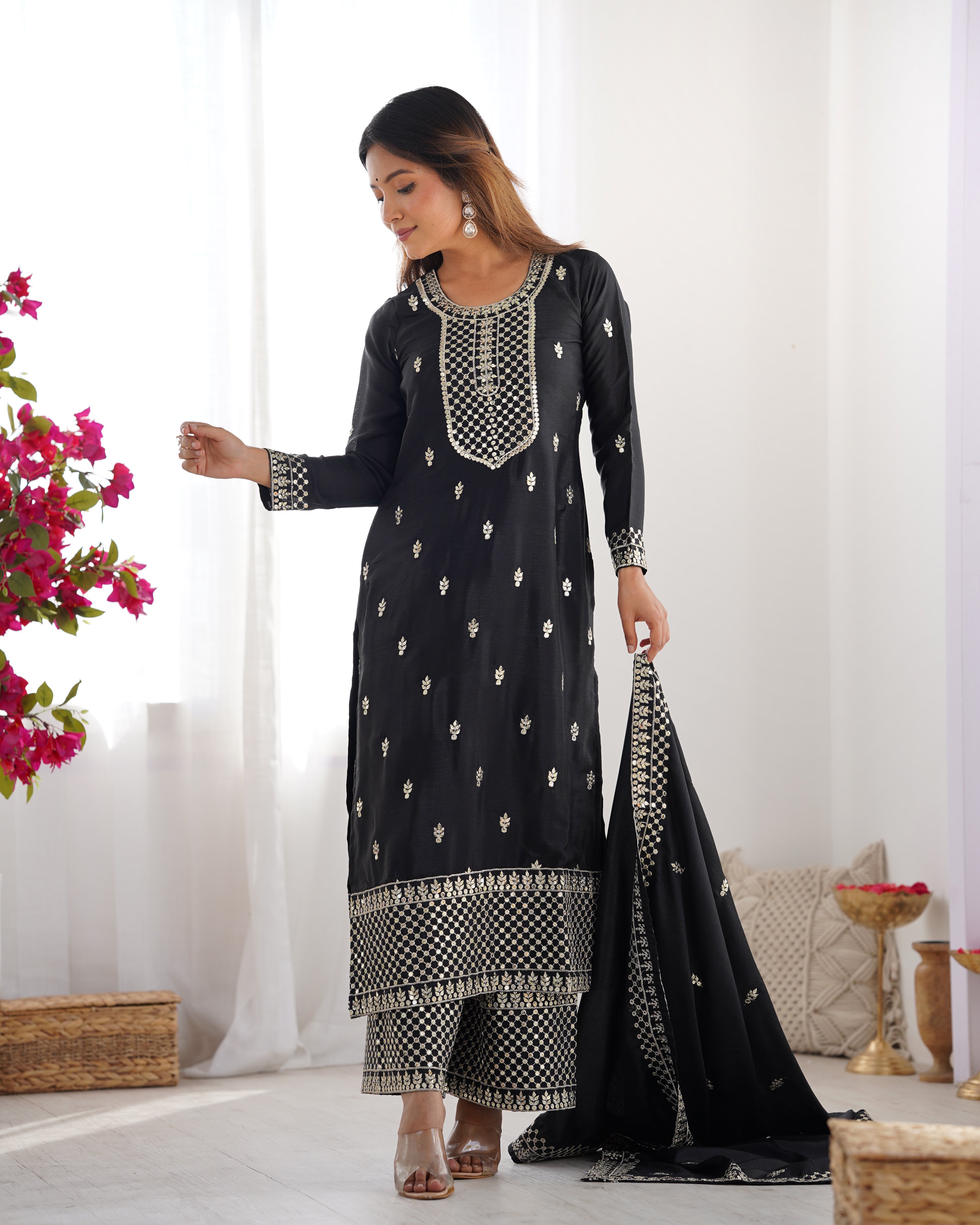 Beautiful Pure Chinon Silk Fabric Straight Fit Kurta, Dupatta With Trouser Set - BLACK
