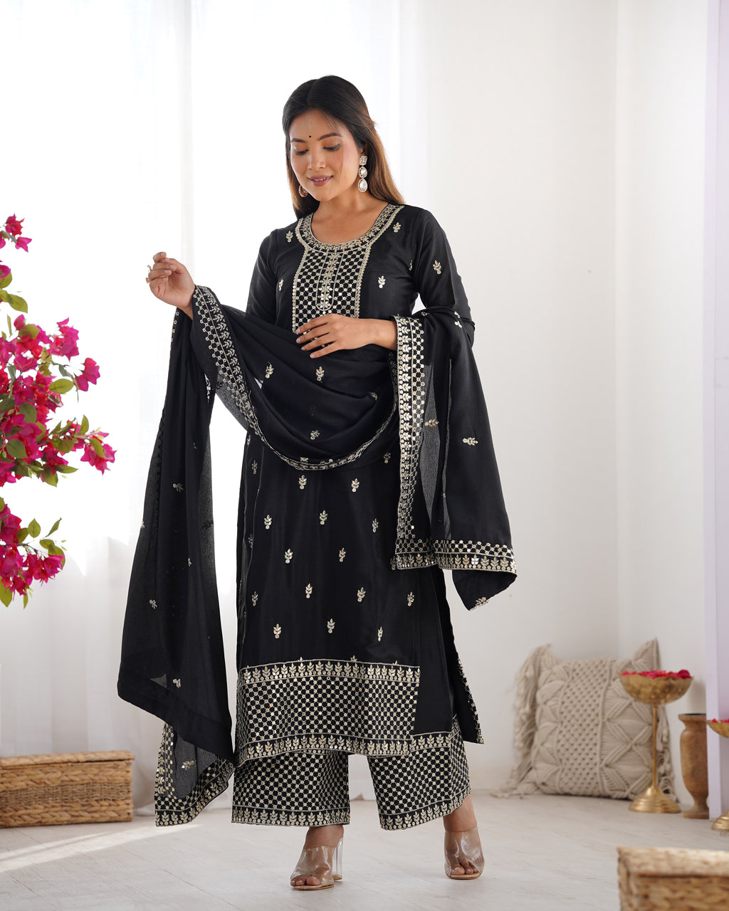 Beautiful Pure Chinon Silk Fabric Straight Fit Kurta, Dupatta With Trouser Set - BLACK
