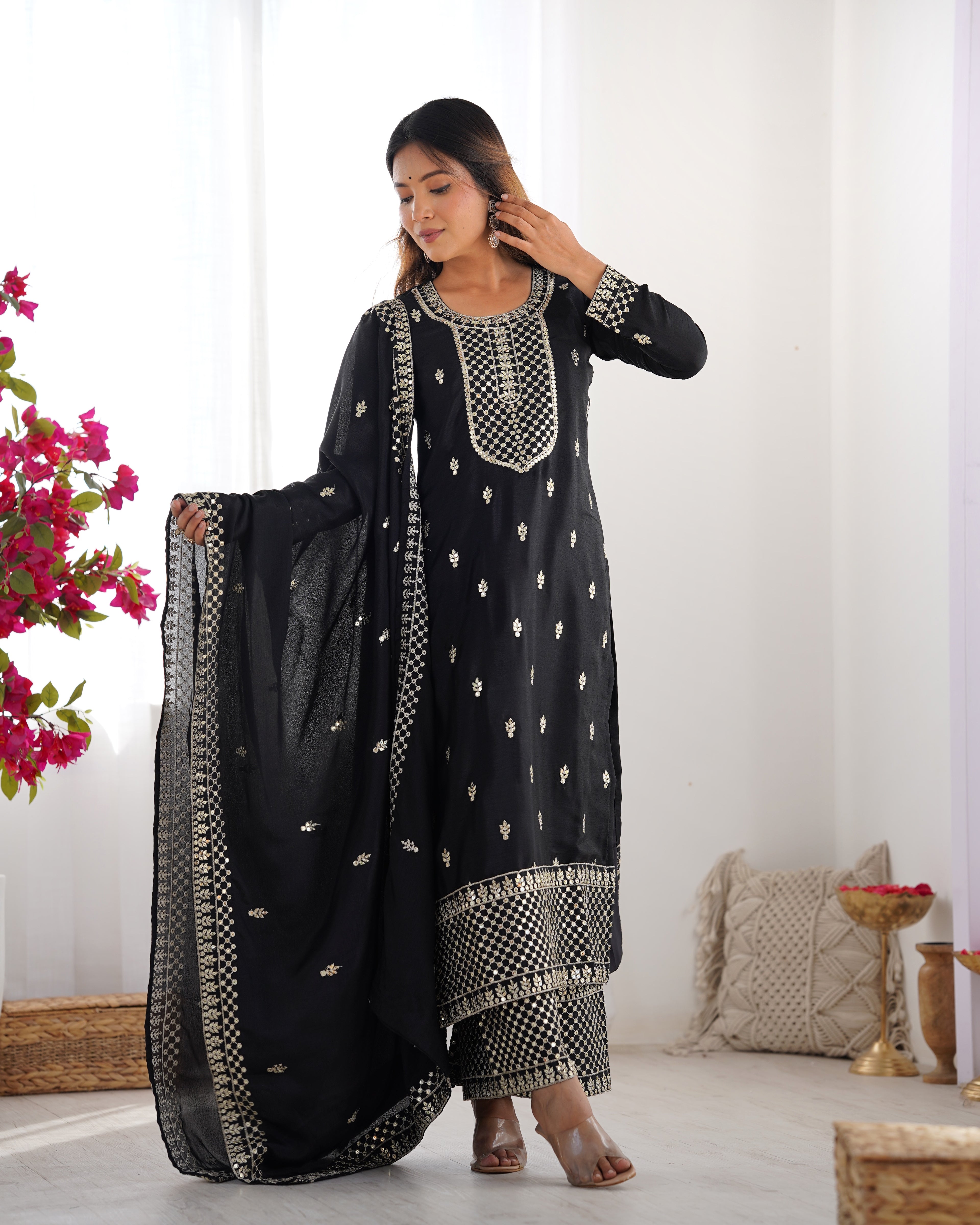 Beautiful Pure Chinon Silk Fabric Straight Fit Kurta, Dupatta With Trouser Set - BLACK
