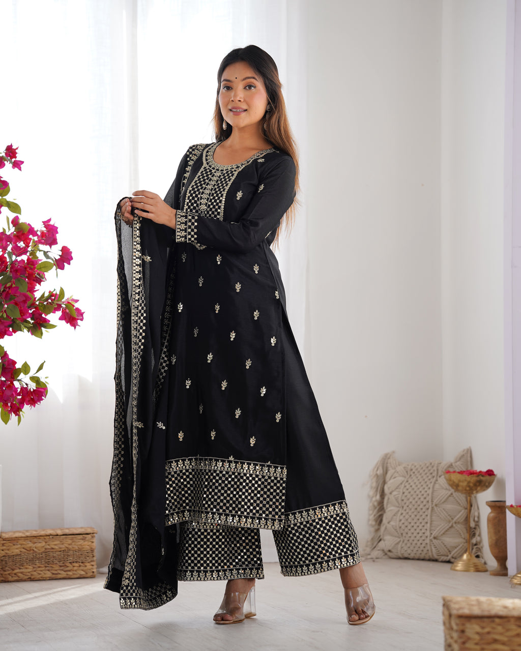Beautiful Pure Chinon Silk Fabric Straight Fit Kurta, Dupatta With Trouser Set - BLACK
