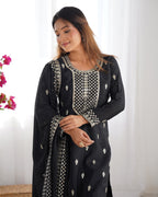 Beautiful Pure Chinon Silk Fabric Straight Fit Kurta, Dupatta With Trouser Set - BLACK
