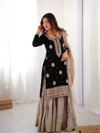 Premium Black Chinon Silk Coding Sequence Work Sharara Suit Set with Dupatta
